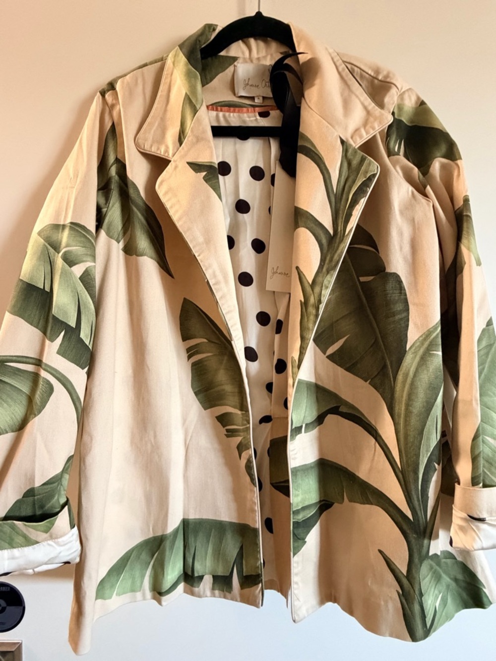 Johanna Ortiz Cream Trench Coat with Green Tropical Leaf Print